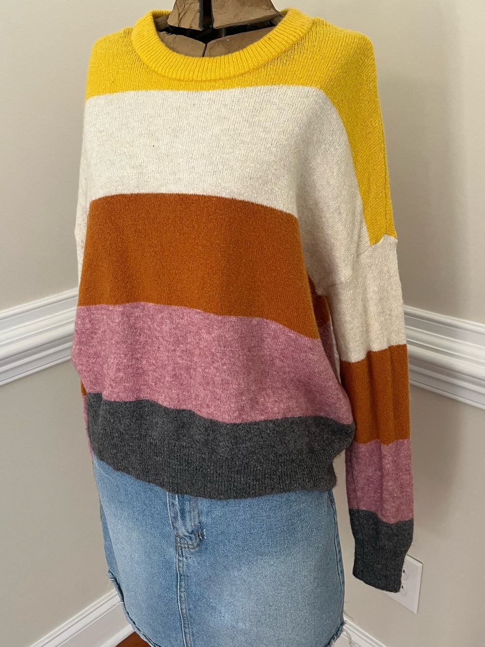 Madewell color block Striped Crewneck Sweater - Yellow, Cream, Rust, Pink, Grey